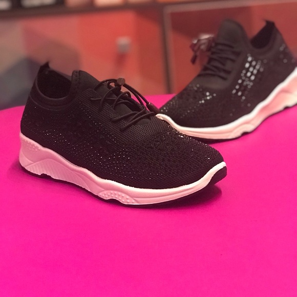 Italina GEMA Toggle Lace Up Black Knit Platform White Bubble Rhinestone Sneakers - Picture 9 of 12